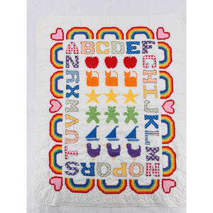 Handmade Cross Stitched Baby Blanket Throw Rainbow ABC Vintage 1994 Nursery